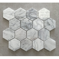 WHITE CARRARA 3" HEXAGON POLISHED  (0.875 SF/SHEET, 5 PC/BOX)